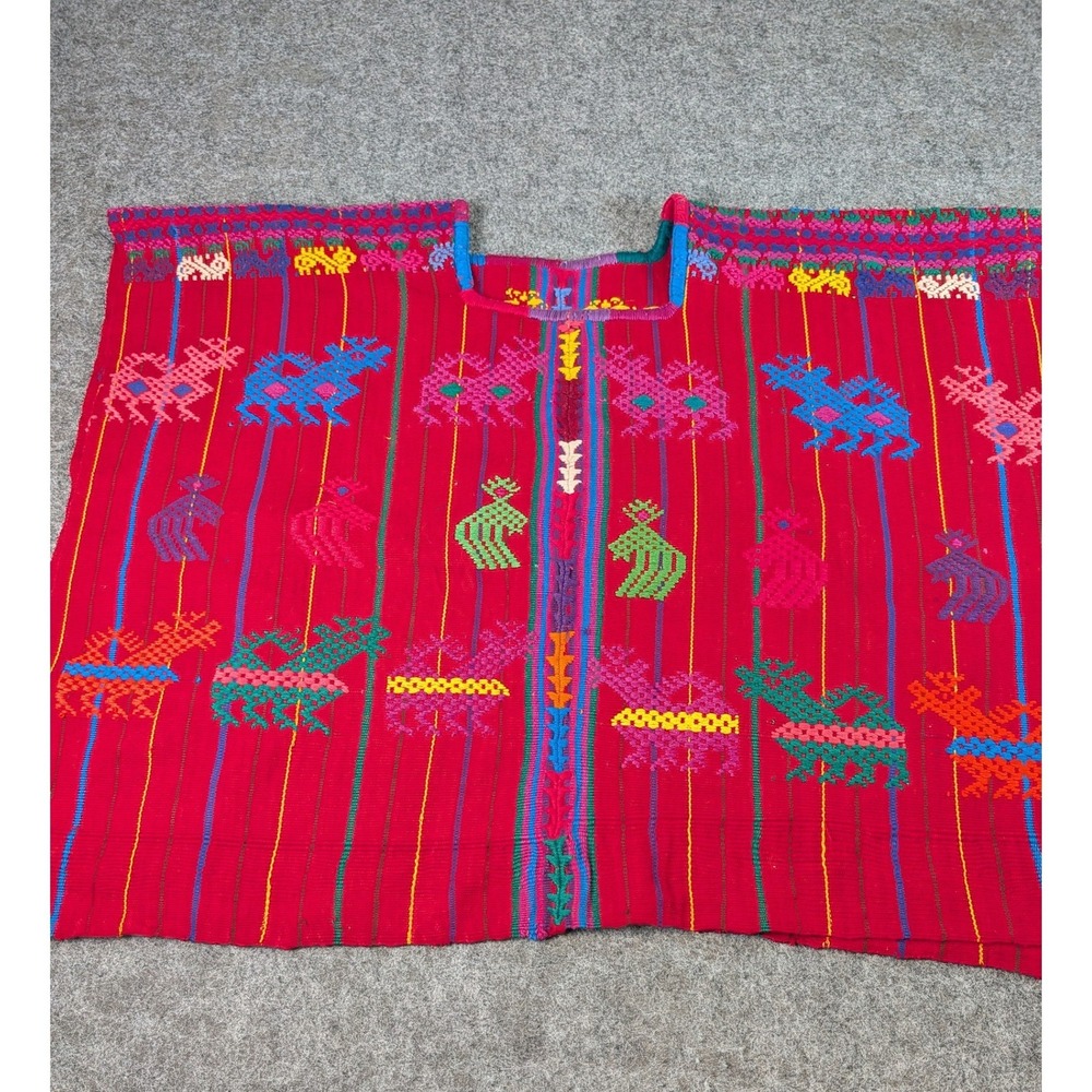 Guatemalan Mayan Handwoven Huipil Tunic Red Embroidered Boho Top Medium
